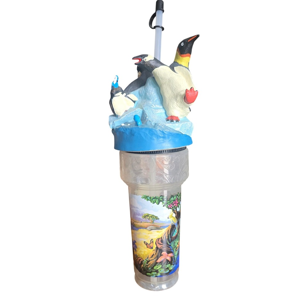 Vintage Rainforest Cafe Penguin Iceberg 3D Lid Souvenir Tumbler Cup With Straw